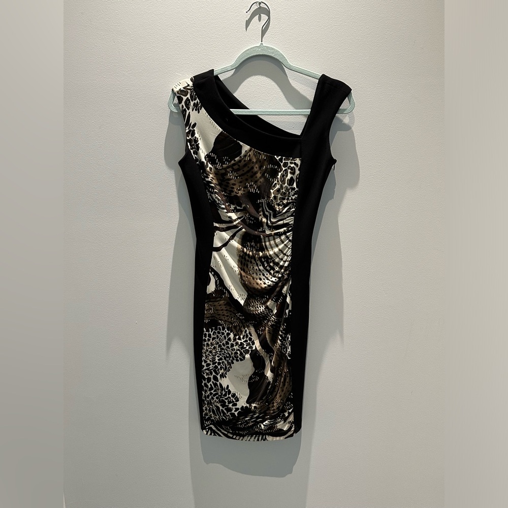 NWOT Joseph Ribkoff 4  dress, Black tan gold , asymmetrical neckstretch lined